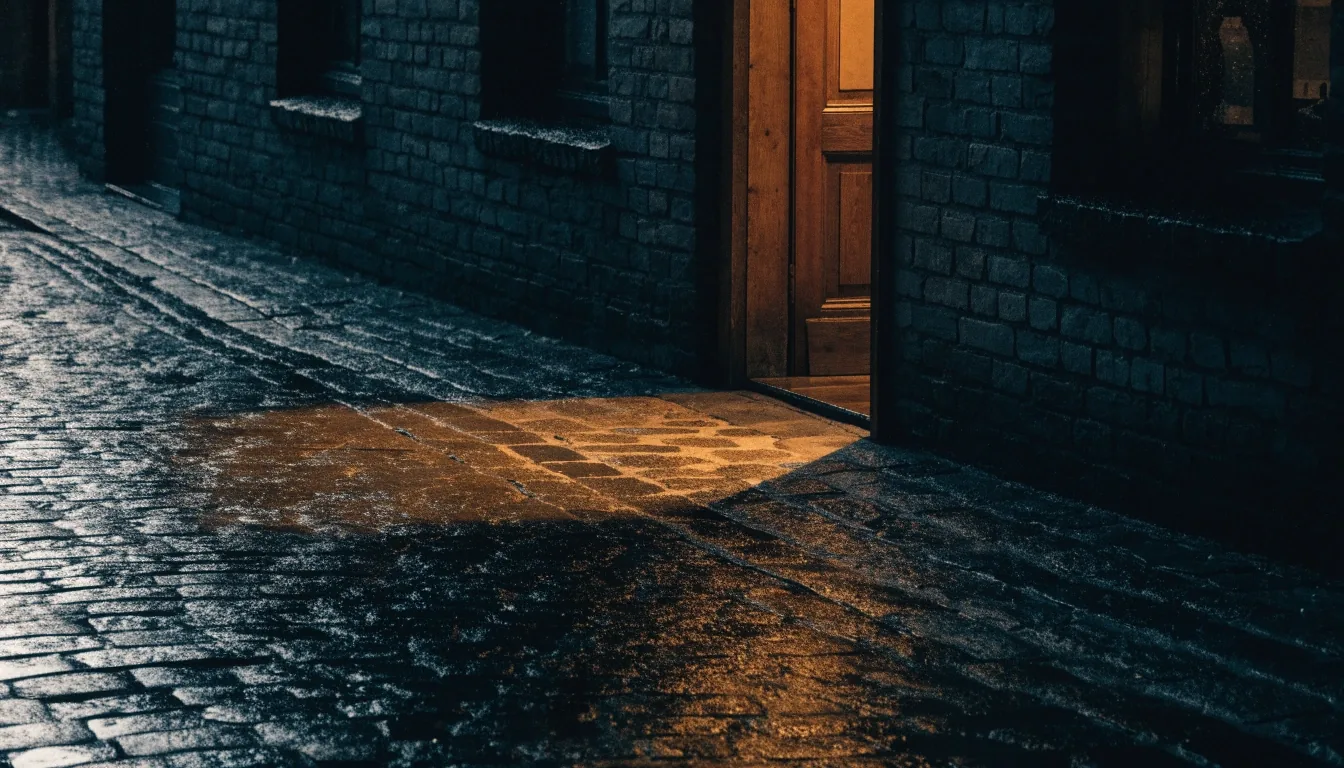 One band of lamplight spilling from a Brooklyn composing-room doorway across wet pavement at midnight