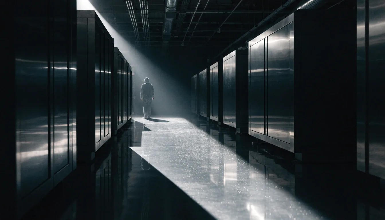 A cleanroom corridor at night with equipment housings in rows and a technician in silhouette