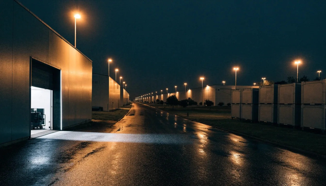 A US semiconductor fabrication campus at night under sodium floodlights, hard light spilling from an open loading bay