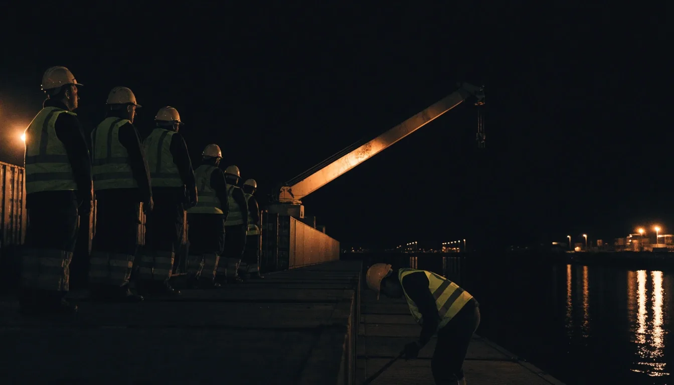 Container silhouettes and one lit crane arm at a port at night, water reflecting sodium light