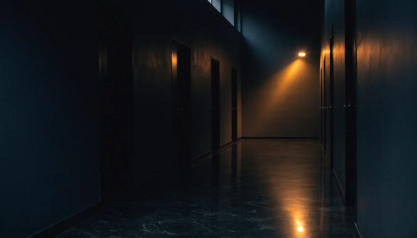 A dim foreign-ministry corridor at night under a hard band of light