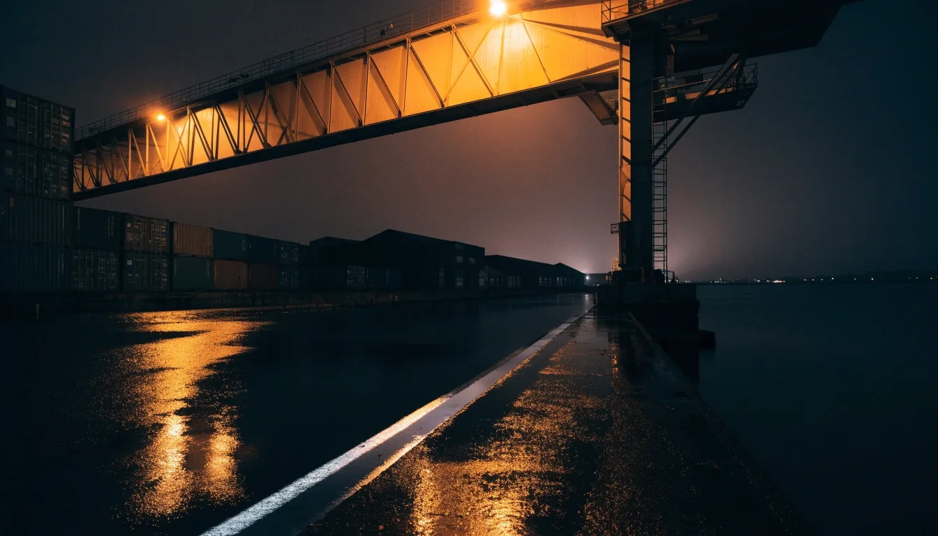 A container port at night with one lit crane arm