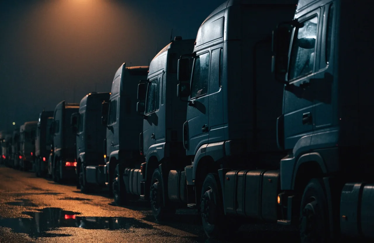 Border crossing barrier on wet asphalt under a single sodium streetlight