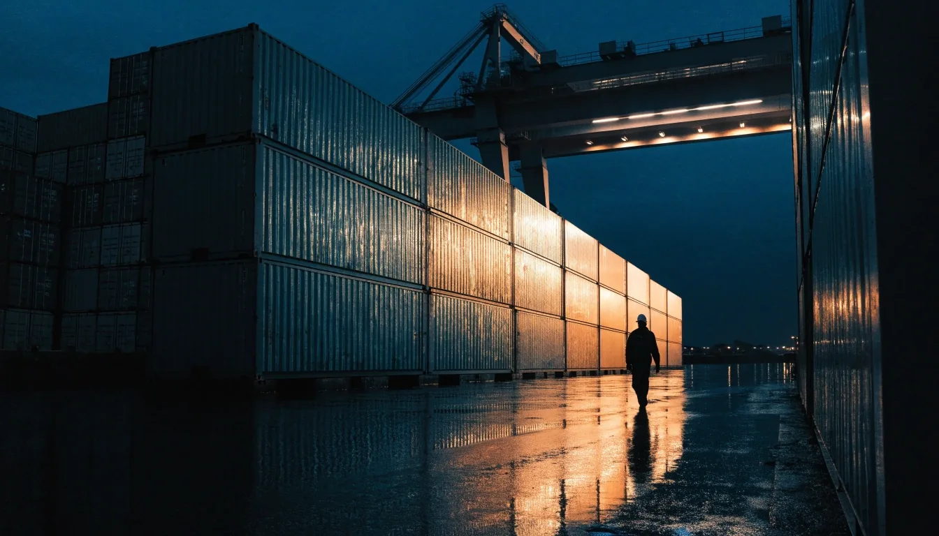 Container port at night under lamp-lit floodlights with one lit crane arm