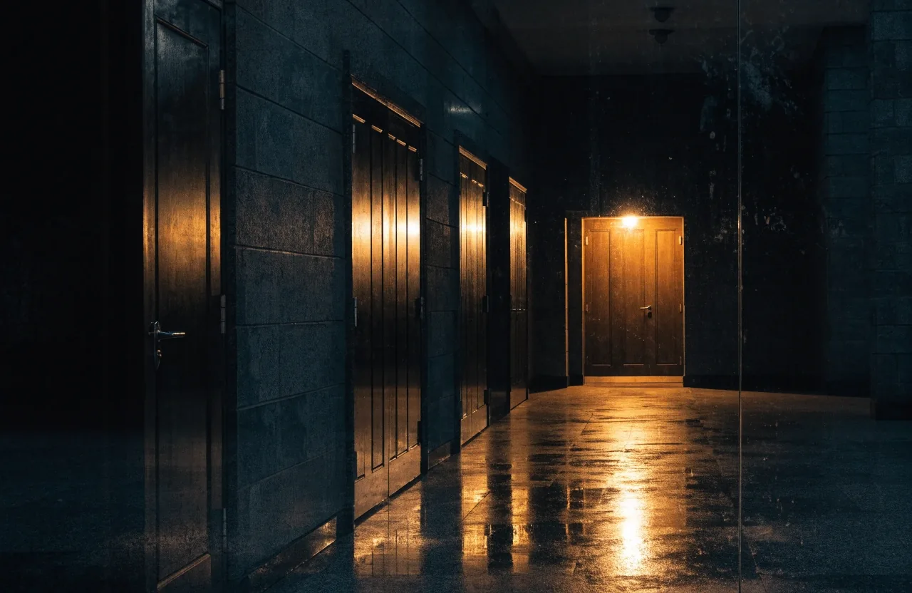 Foreign ministry corridor at night under a hard sodium light